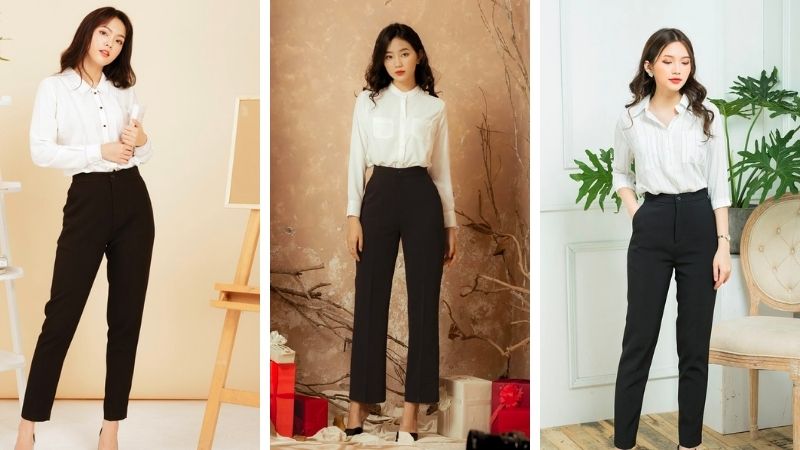 Phối đồ công sở cho nữ combo áo trắng quần đen kinh điển