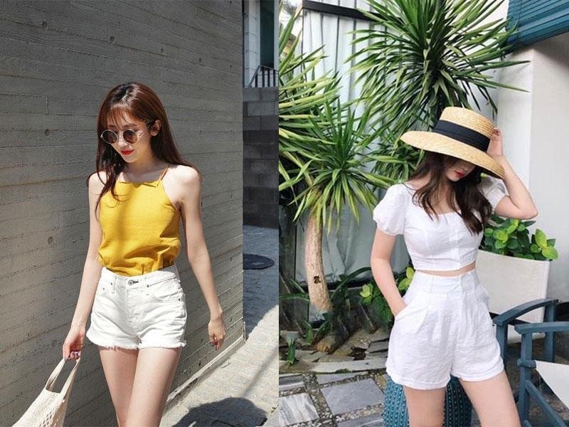 Trang phục đi biển kết hợp với các phụ kiện như mũ cói rộng vành, túi đan, kính râm,...