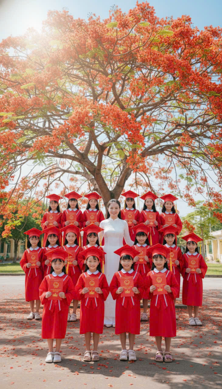 áo cử nhân mầm non phối đỏ